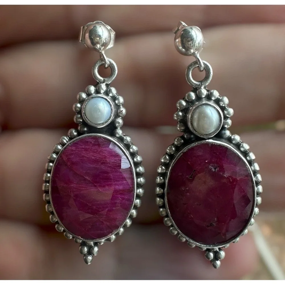 Vintage Artisan Stud Dangle Earrings 1.3 Inch Ruby Pearl 925 Sterling 10.4g‎
